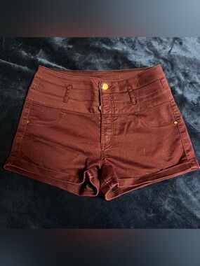 refuge High-Waist Wine Red Denim-Look Shorts